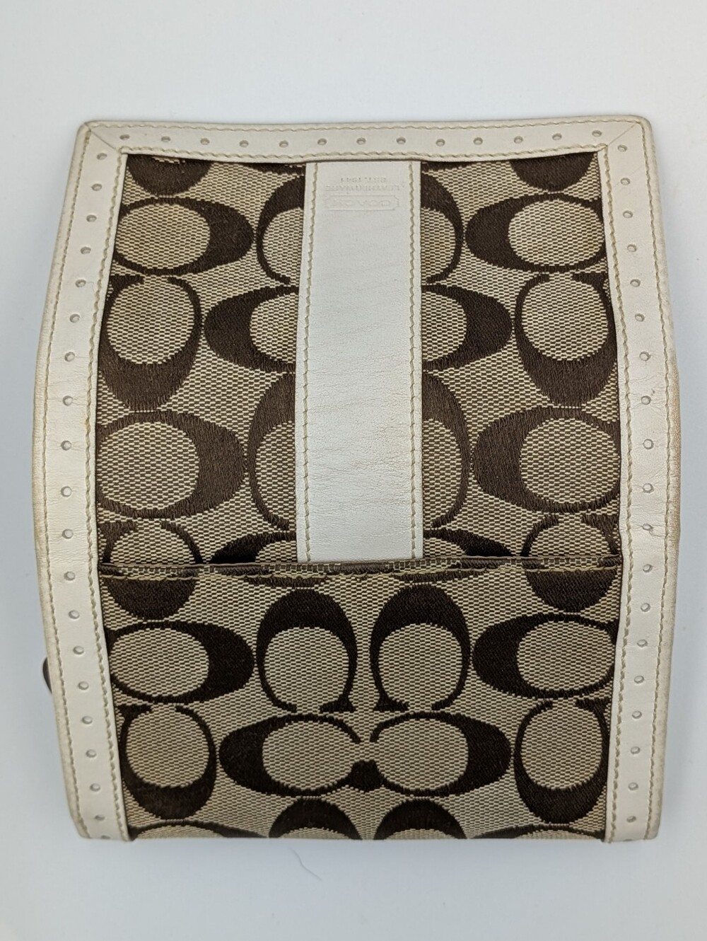 Coach Signature Wallet Khaki Canvas White Perforated Leather Trim Zip Folding - Picture 4 of 16